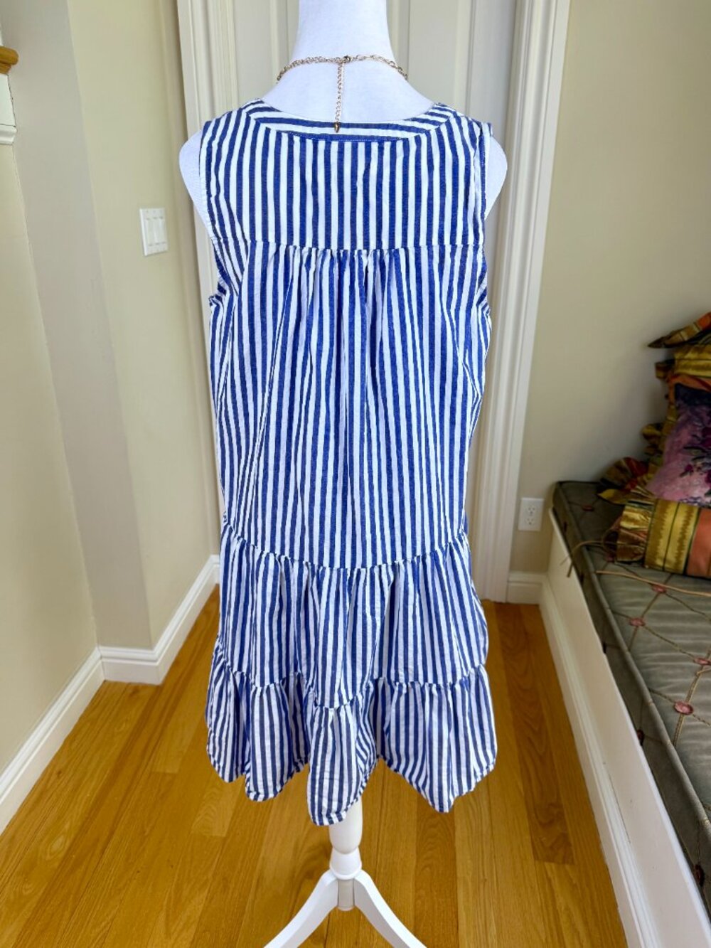 Pomander Place Navy and White Striped V-Neck Tiered Mini Dress - Picture 5 of 9